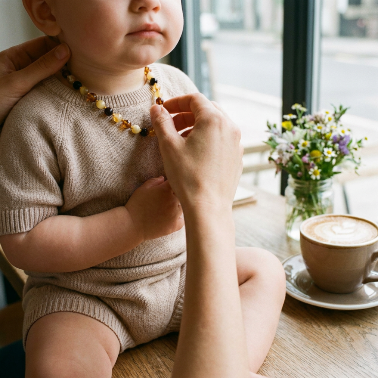 Mamma con il suo bimbo che indossa una collanina d'ambra