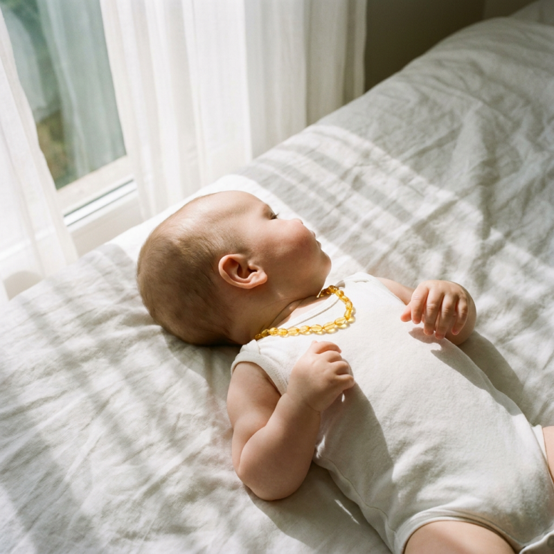 Collanina d'ambra indossata da un bebe