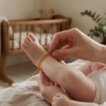 Mamma allaccia una collanina d’ambra alla caviglia del bebè