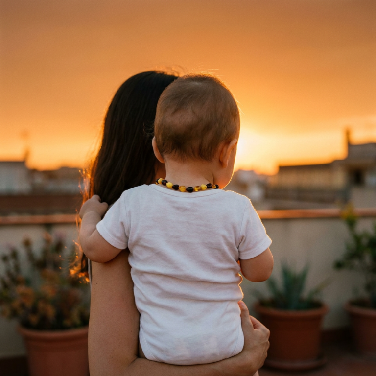 Mamma con il suo bimbo che indossa una collanina d'ambra