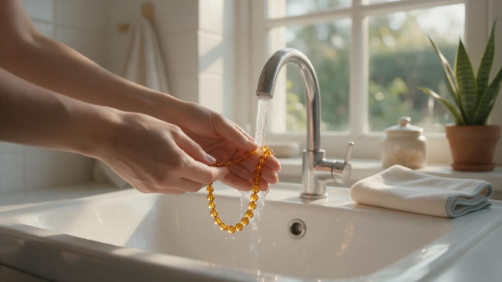 Collanina d’ambra sciacquata sotto l’acqua corrente