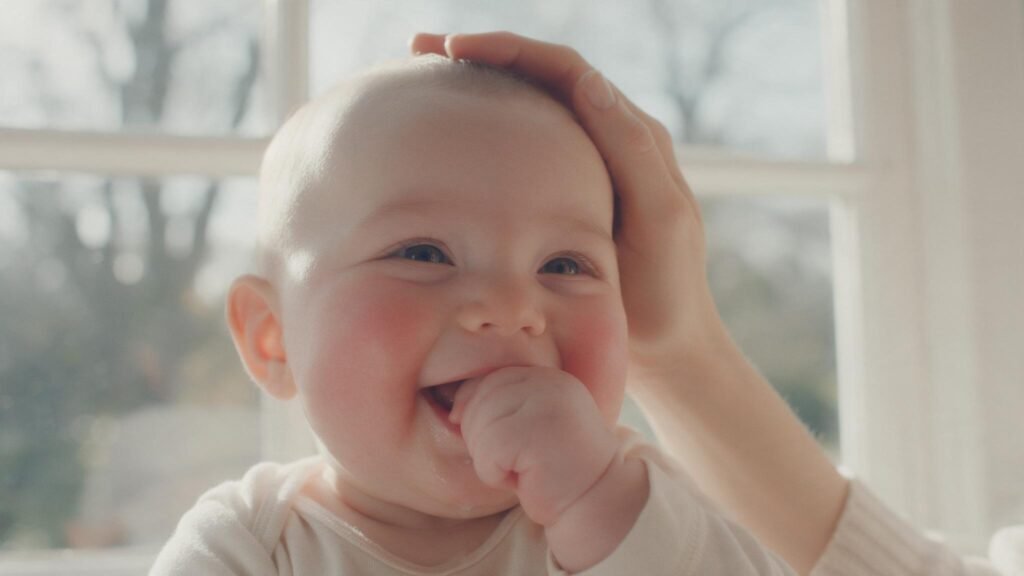 Neonato sorridente con la mano in bocca durante la dentizione