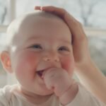 Neonato sorridente con la mano in bocca durante la dentizione