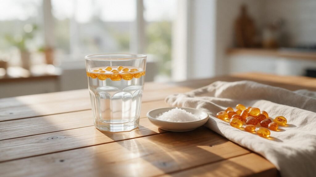 Test dell’acqua salata: gemme d’ambra che galleggiano in un bicchiere